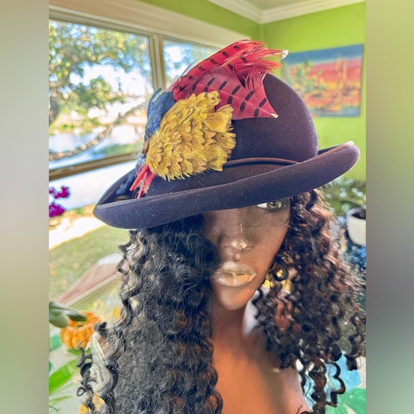 Vtg Ricki Original Black Fur Felt Merrimac Hat Colorful Feathers Half Bowler - Picture 3 of 10
